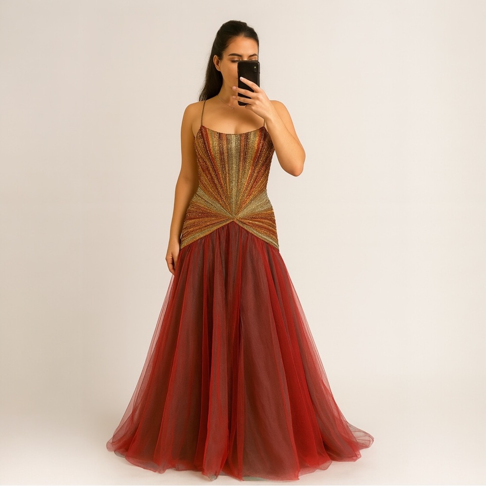 Cassandra Stone Rare Beaded Tulle Evening Gown Vintage Y2K Prom Dress